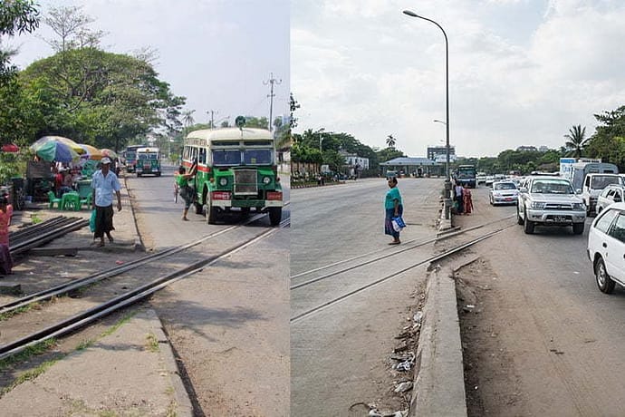 Même route devant la pagode de Botahtaung en 2008 et 2014.